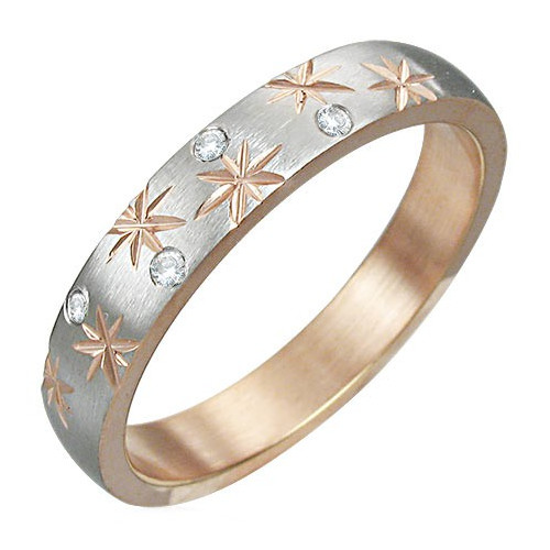 Ocelový prsten rose gold s zirkony a vyrytými hvězdami