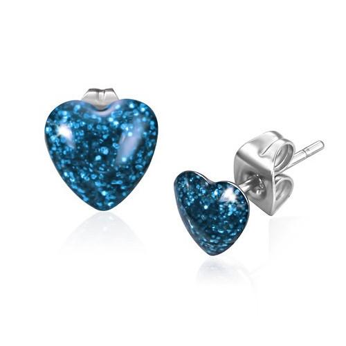 Ocelové náušnice - modré srdce se třpytkami