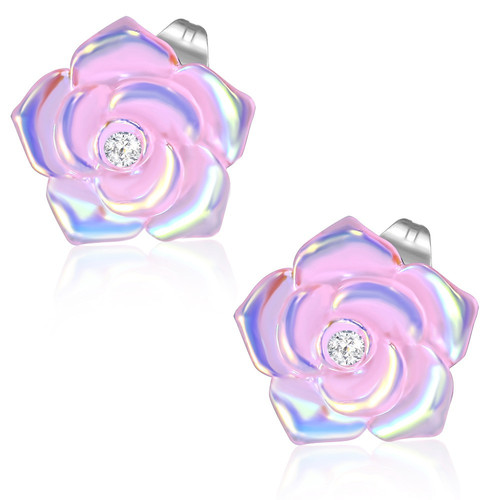 Světle růžový perleťový květ s kamínkem - Ocelové náušnice