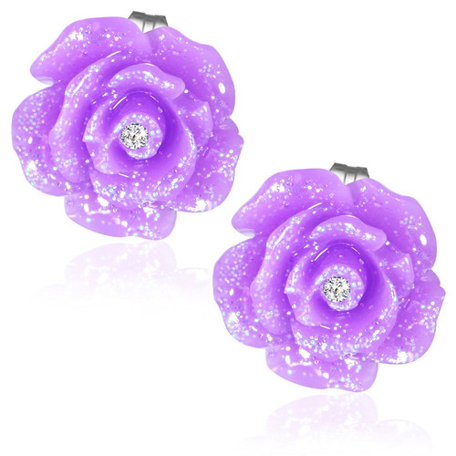 Fialový perleťový květ s kamínkem - Ocelové náušnice