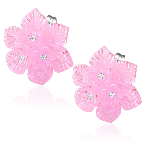 Růžová perleťová květina s kamínky - Ocelové náušnice