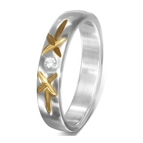 Ocelový prsten s zirkonem a dvěma zlatými křížky